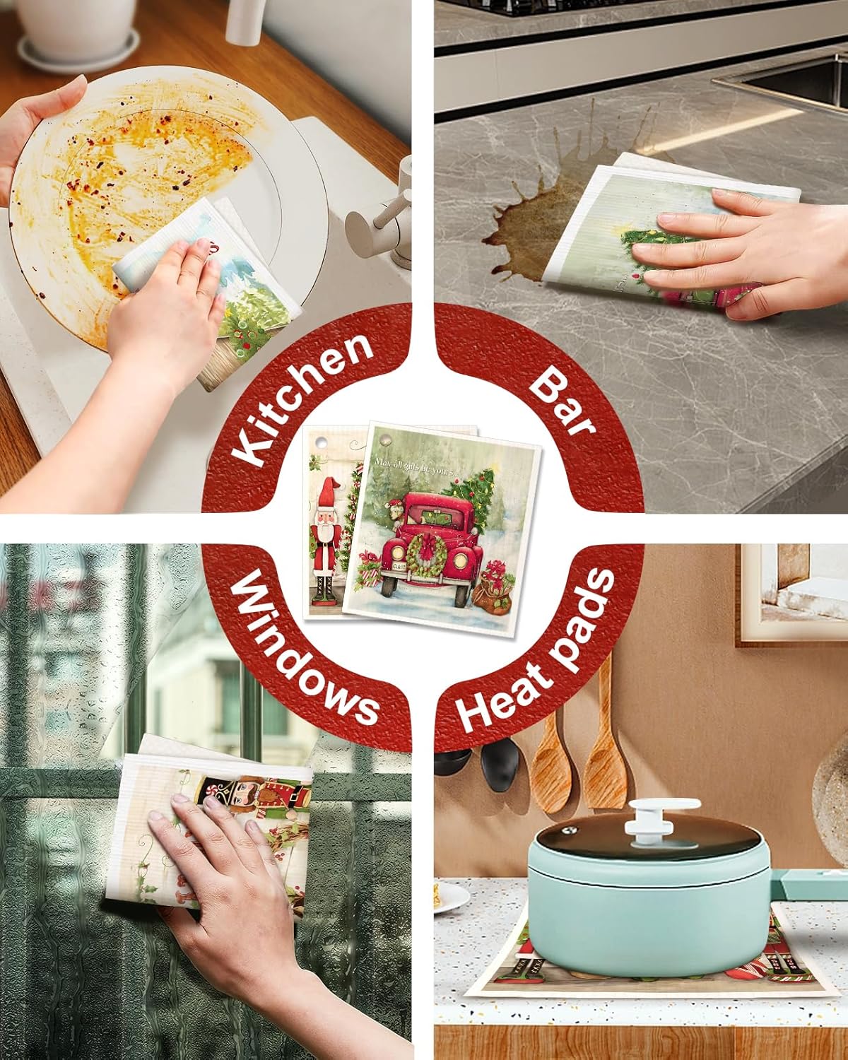 6 Pack Christmas Swedish Dishcloths for Kitchen - Reusable Dish Cloths for Washing Dishes Absorbent Cute Holiday Kitchen Towels Cleaning Sponge, Xmas Theme