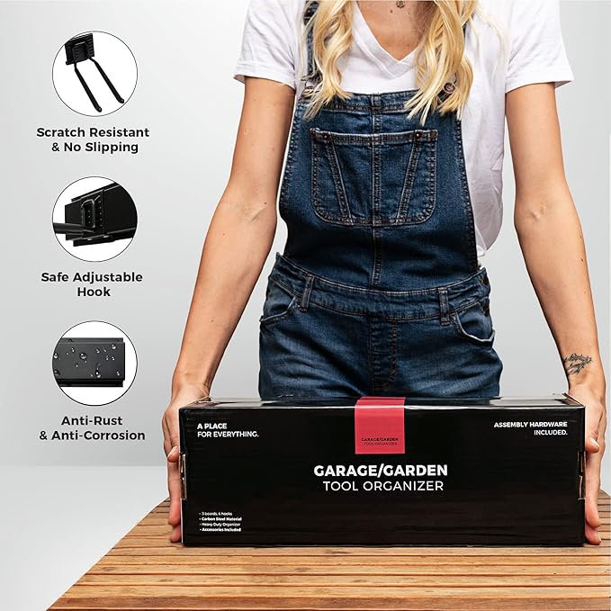 Heavy-Duty Garage Wall Storage System | Wall Mounted Tool Organizer Rack with Shelving | 10-Piece Mounting Kit | Includes 4x8.5” Adjustable Hooks & 2x16.5” Floating Utility Shelves