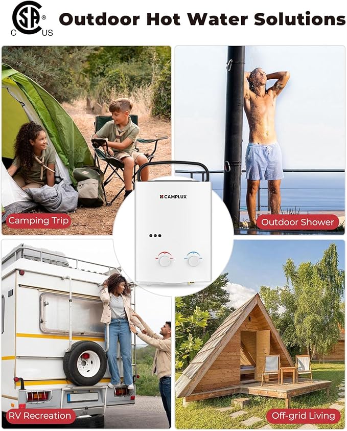CAMPLUX Tankless Water Heater Outdoor, 1.32 GPM Portable Propane Camping Water Heater, 5L, AY132, White