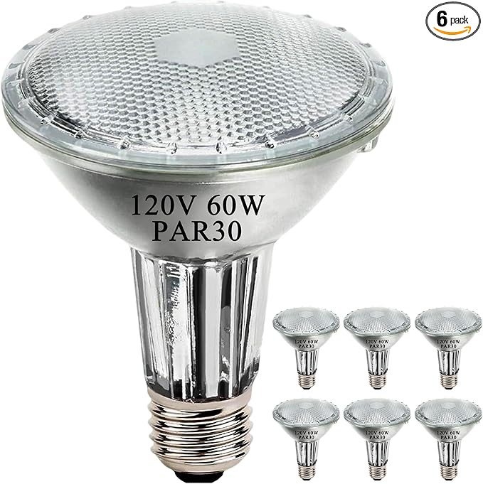 PAR30 Long Neck Halogen Flood Light Bulbs, 120V 60W, Dimmable High Output, E26 Medium Base, 2700K Warm Lighting, 3000 Hours for Recessed Light Bulb, 6 Pack