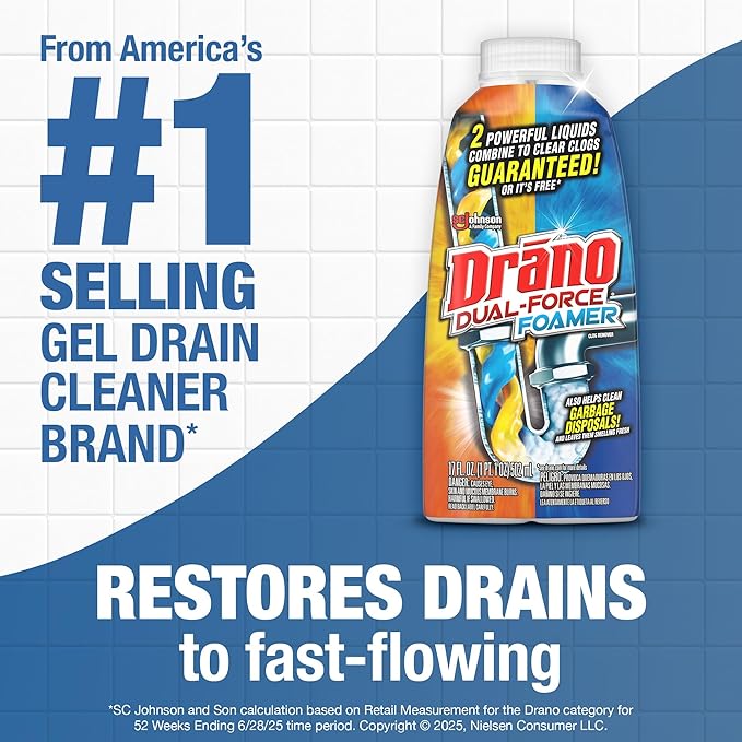 Drano Dual-Force Foamer Drain Clog Remover and Cleaner for Shower or Sink Drains, Unclogs and Removes Sources of Odor, 17 Fl Oz