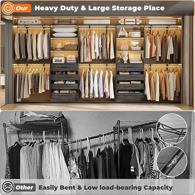 Aheaplus Closet System with Drawers Set of 2, Wood Closet Organizer System with 8 Hanging Rods & Top Shelves, Walk-in Closets Organizer Wardrobe Clothes Rack, Cut Fits Spaces 4-9FT. Wide, Black Oak