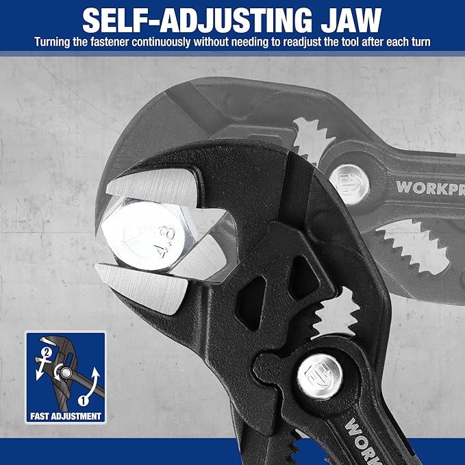 WORKPRO 2-Piece 7-Inch Pliers Wrench & Groove Joint Pliers Set, Quick Adjustment, CR-V Steel, Smooth Jaw & V-Jaw, Upgraded Wide Opening, Soft Grip - for Plumbing, Pipe Fittings, Household Repairs