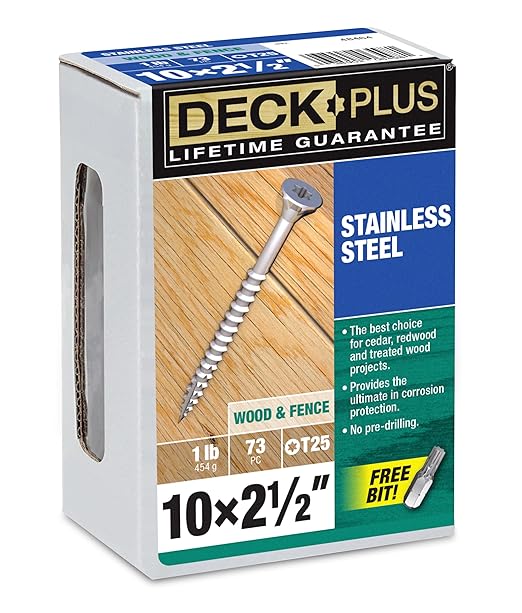Deck Plus 2-1/2 Inch Epoxy Coated Exterior Wood and Fence Screws #10 x 2-1/2" Torx/Star Drive Included Coarse Thread, Outdoor Rust Resistant Decking Screw, Silver, 1lb Box, 73 Pieces | 48464