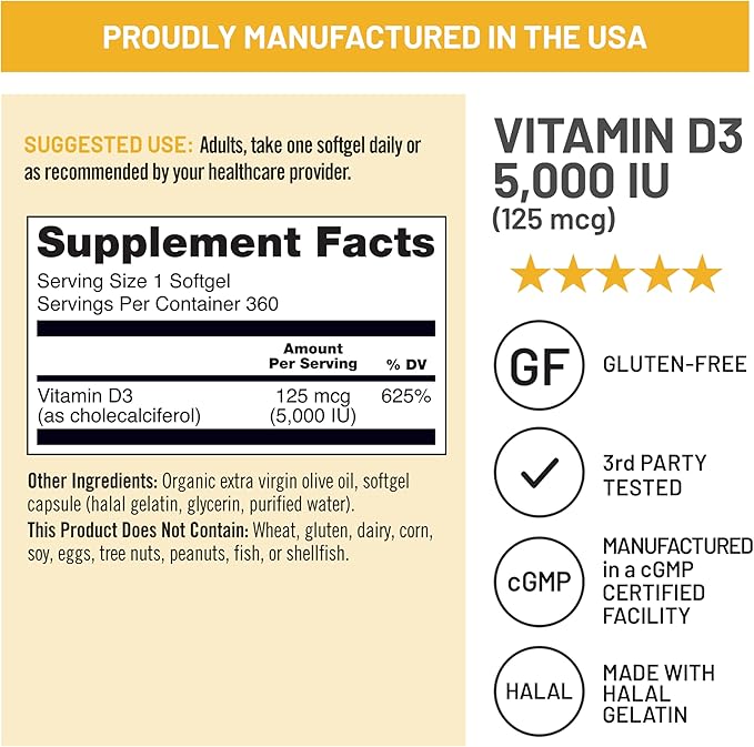 NatureWise Vitamin D3 5000iu (125 mcg) 1 Year Supply for Immune Support, Healthy Muscle Function, and Bone Health - Non-GMO, Gluten Free in Organic Extra Virgin Olive Oil, (Mini Softgel), 360 Count