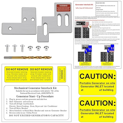 Generator Interlock Kit Compatible with Square D QO or Homeline 100 or 125 Amp Panels. 3/4 to 7/8 Inch Spacing Between Main and Branch Breaker, Safety Generator Interlock Kit(SQD100A)