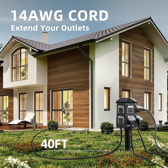 Outdoor Power Strip Waterproof, 40 FT Extension Cord, 6 Grounded Outlets for Halloween/Christmas Decorations and Inflatables, 15A/1875W, ETL Listed