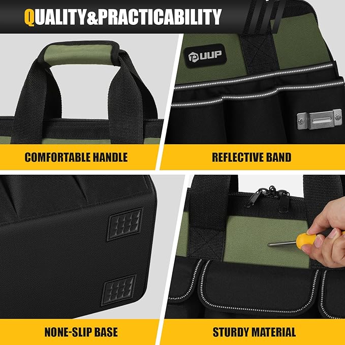 12-Inch Mini Small Tool Bag, 15-Pocket Portable Tool Box Organizer Storage, Heavy Duty Tactical Carrying Tote, Home Toolbag with Large Zipper, Father Day Dad Men Engineer Electrician Gift, Green