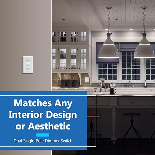 LIDER Combination Dual Dimmer Light Switch Control, 2 Sliding Light Controls, Single Pole, 400W CFL/LED, 600W Incandescent/Halogen Dual Loads Total, UL Listed, Wall Plate Included, White