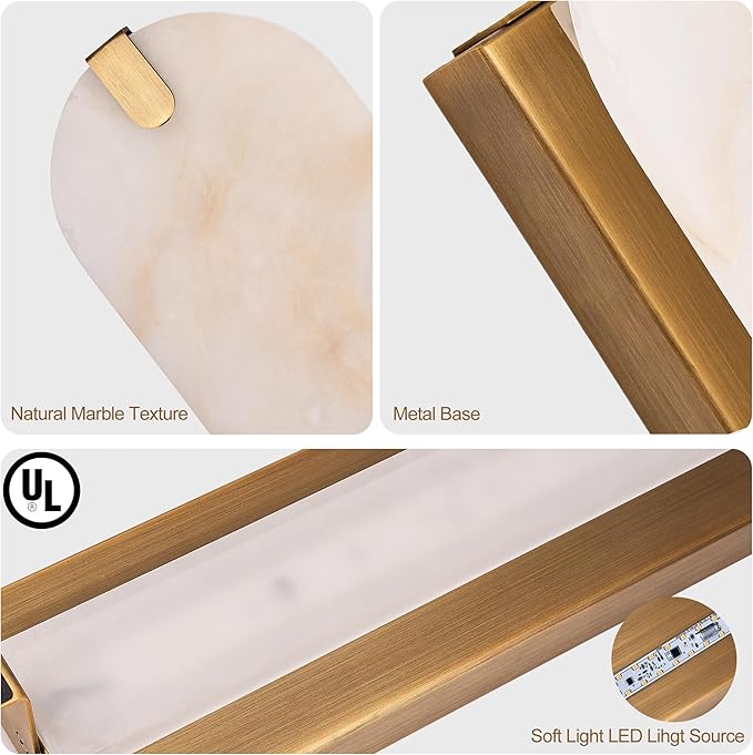ZEROUNO Alabaster Wall Sconces, 14.2 inch Natural Marble Wall lamp,Dimmable Alabaster Wall Light Fixtures for Stairs Bathroom Living Room Bedroom or Vanity,Hallway（Brushed Bronze