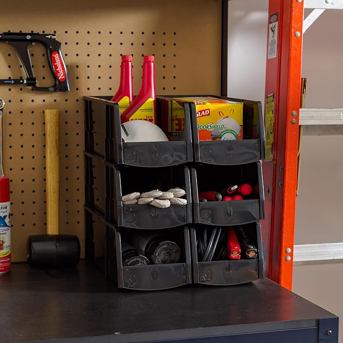 IRIS USA Plastic Shelf Bins Stackable Open Front Storage Bins Plastic Hanging Organizer Bin Caddy Basket for Hardware Crafts, Small Parts, Nuts and Bolts, Tool Storage - Large Black 8 Pack