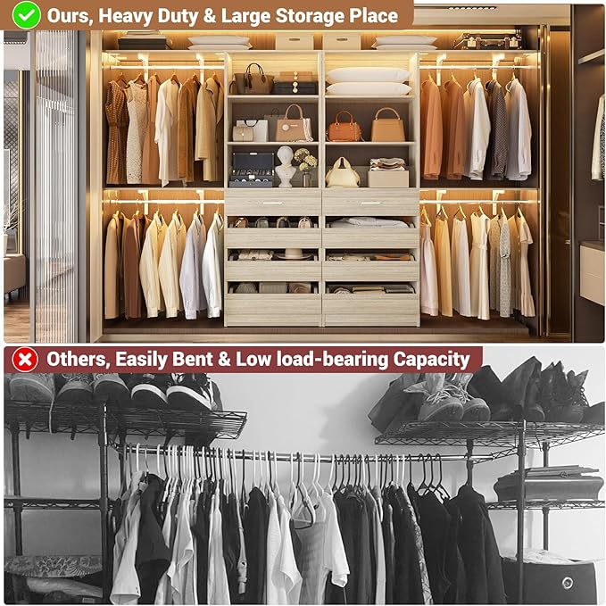 Aheaplus Closet System with 8 Wooden Drawers, Wood Closet Organizer System with Tower, Walk-in Closet Organizer Wardrobe Clothes Rack with 4 Hanging Rods, Garment Rack, Cut to Fit 7-12Ft, White Oak
