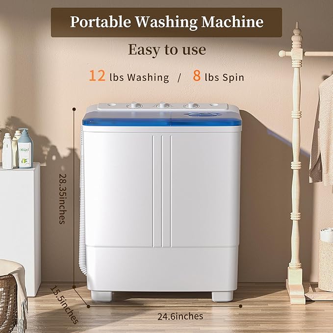 VCJ Portable Washing Machine, Twin Tub Washing Machine Laundry Compact Washer spinner Combo with 20lbs capacity, 12Lbs Washer and 8Lbs Spinner dryer for Apartments RVs and Dorms