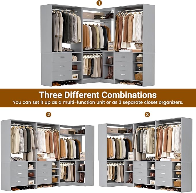 Aheaplus Closet System with 6 Drawers, 4 Hanging Rods & Corner Tower, Corner Closet System with Hanging,92.6" L-Shaped Walk-In Wardrobe Organizer, 2000+ lbs Capacity, Set of 3, Grey