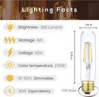 6 Pack T10 Tube Light Bulb,LED Edison Bulbs Warm White 2700K,E26 Base,4W Vintage Bulb 40 Watt Equivalent,Dimmable for Desk Lamp,Curio Cabinet,Chandeliers,Pendant Light