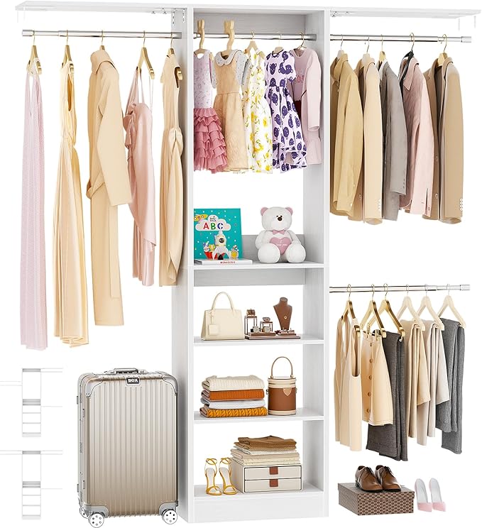 48" Small Closet Organizer, 4FT Closet System for Small Closets with 4 Hanging Rods & 3 Shelves, 80"H Small Closet Organizers and Storage for Bedrooms, Cloakrooms, White