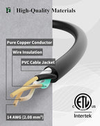 PLUGTUL 100FT Outdoor Extension Cord with Multiple Outlets, 14 Gauge, 3-Outlet, SJTW, 15A 14AWG 1875W SJTW, ETL Listed - Great for Garage, Garden and Home, Black