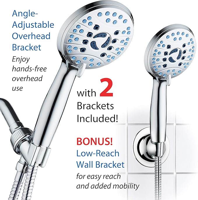 Hotel Spa AquaCare High Pressure 8-Mode Handheld Shower Head - Anti-clog Nozzles, Built-in Power Wash to Clean Tub, Extra Long 6 ft. Stainless Steel Hose, Wall & Overhead Brackets