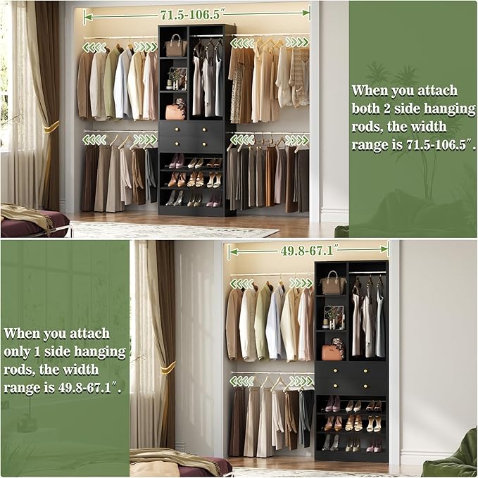 Closet System, 4.2–8.8 FT Closet Organizer with 2 Wooden Drawers and Shelves, Walk-in Closet System with 5 Hang Rods, Built-in Reach in Closet Tower, Can Fit 60 to 96 inch, Black