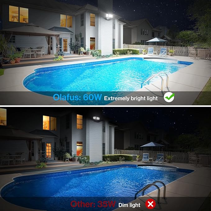 Olafus 60W Flood Lights Dusk to Dawn Outdoor Lighting, IP65 Waterproof LED Security Light with Photocell, 6000LM Dusk Dawn Outside Light, 6500K White Exterior Floodlight for Yard Garden Porch White