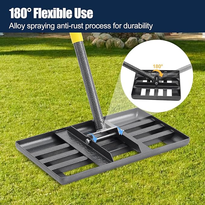 Professional Lawn Leveling Rake with 17x10in Heavy-Duty Stainless Steel Head & 60" Adjustable Handle - Grass Leveling Tool for Quick Soil Grading, Thatch Removal and Yard Maintenance