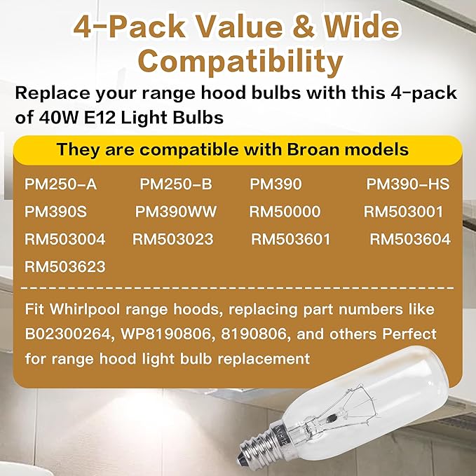 【4-Pack】 40W E12 Candelabra Bulbs, Dimmable 120V Warm White, Compatible for Broan/Whirlpool Range Hood Light Replacement for Models PM250/PM390/RM50000 - Replaces B02300264 WP8190806