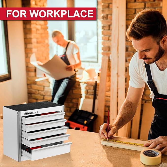 P.I.T. Mini White Tool Box, Portable 5-Drawer Micro Roll Cab Steel Stackable Tool Box with Liner, White Small Tool Case for Tools Storage and Organizers, Home DIY