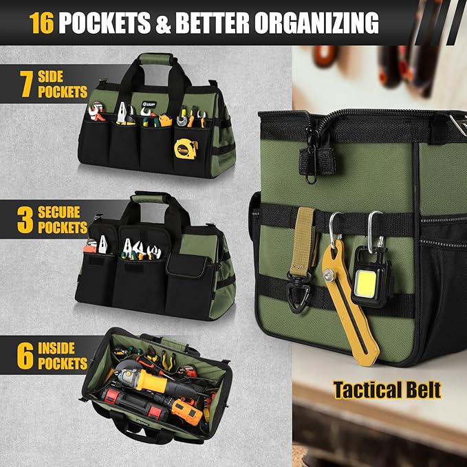 18-Inch Large Tool Bag, 16-Pocket Portable Tool Box Organizer Storage, Heavy Duty Tactical Toolbag with Big Zipper, Travel Carry Toolbox, Father Day Dad Men Electrician Contractor Welding Gift
