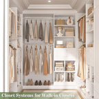 Closet System, 4-8 FT Closet Organizer Tower with 2 Wooden Drawers and Shelves, Can Fit 60 to 96 inch Walk-in Closet System with 5 Hanging Rods, Built-in, White