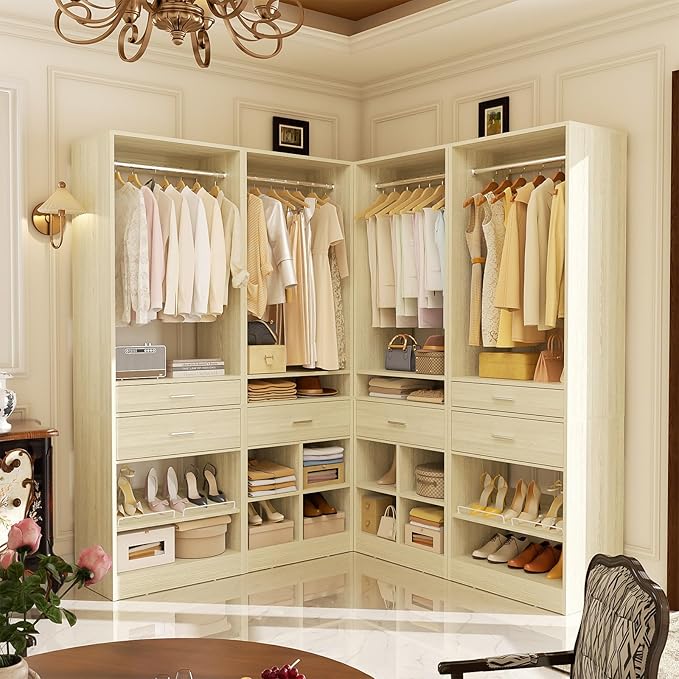 Unikito Closet System, 8.2FT Closet Organizer with 6 Wooden Drawers, Hanging Rods, Adjustable Shoe Rack and Cube Storage, Easy Assembly Wardrobe Tower, Set of 4, White Oak