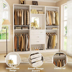 Unikito 75 Inch Closet System with 4 Drawers, 6.3FT Walk in Closet Organizer with Hanging Rods and Mirror Design, Reversible Large Closet Wardrobe with Shelves, Adjustable Closet Tower, White