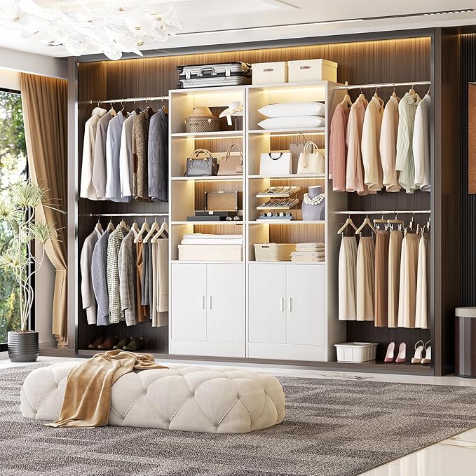 8FT Closet System, 96 Inch Closet Organizer System with Hanging Rods, Heavy Duty Clothing Rack with Cabinet, Walk In Mounted Closet System, Built-In Clothes Garment Rack, White