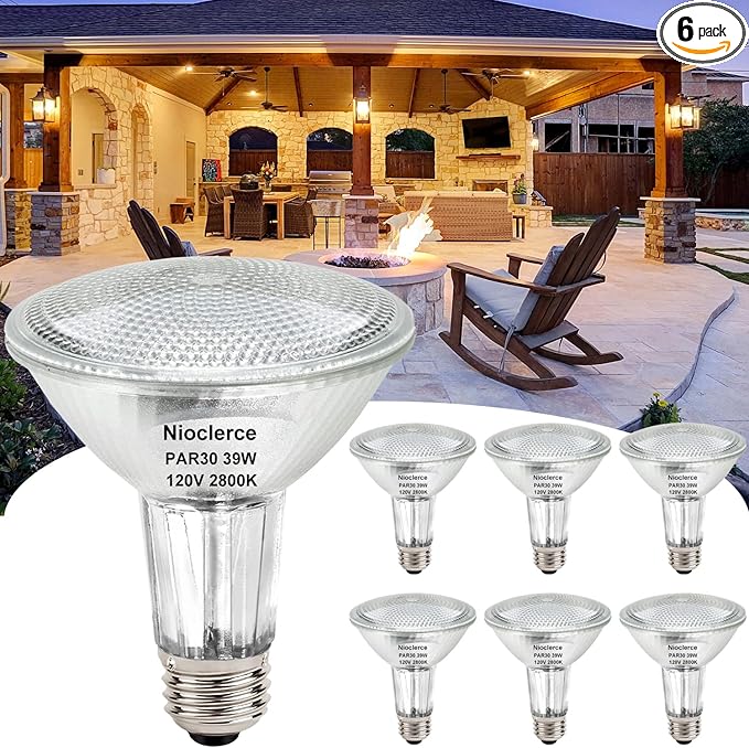 Halogen PAR30 Long Neck 39W 120V 400LM, 6 Pack High Output Halogen PAR30 Dimmable 2800K Warm White, E26 Long Lifespan Long Neck Flood Light Bulb with CRI100 for Recessed, Tracking Lighting