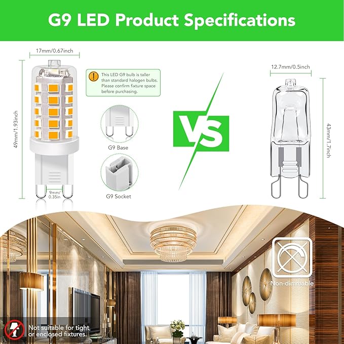 BUBO G9 LED Bulb 2700K Soft White 430 Lumens, 3W Equivalent 40W T4 G9 Halogen Replacement, 360°Beam Angle 120V Non-Dimmable No-Flicker G9 Light Bulbs for Crystal Chandelier Lighting, 40 Pack