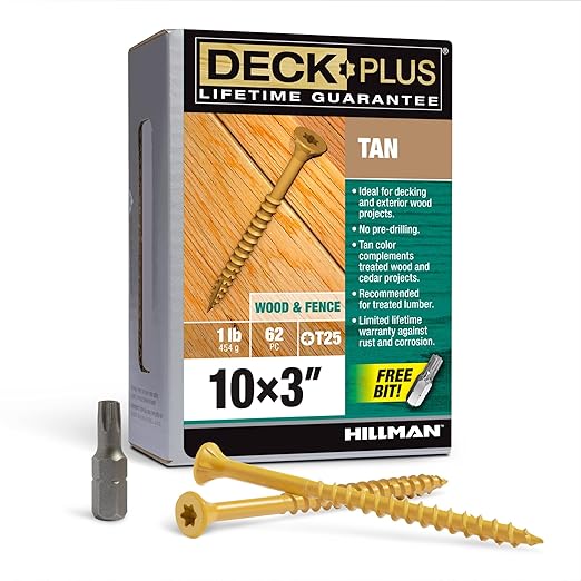 Deck Plus 3 Inch Epoxy Coated Exterior Wood and Fence Screws #10 x 3 Torx/Star Drive Included Coarse Thread, Outdoor Rust Resistant Decking Screw, Tan, 1lb Box, 365 Pieces | 48418
