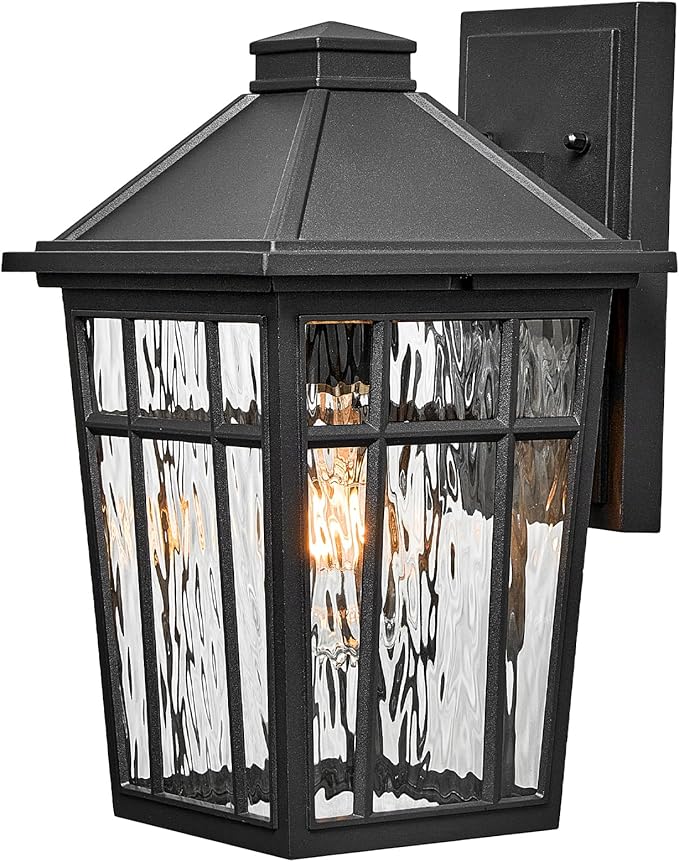 Outdoor Wall Lamps 11 Inch Outside Light Fixtures for House Black Aluminum Exterior Wall Sconce with Water Ripple Glass for Patio Porch and Garage E26 Socke Max 60W