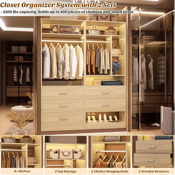 4FT Closet Systems with 5 Wood Drawers, 48 Inch Closet Organizer System with 2 Hanging Rods & 7 Shelves, 48" Walk-in Closet, White Oak (48"L x 15" W x 80" H)