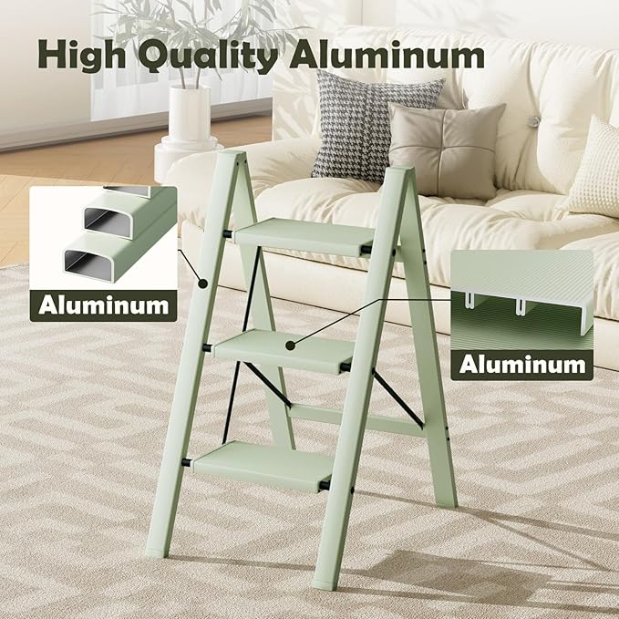 Taranta 3 Step Ladder,Aluminum Lightweight Folding 3 Step Stool with Anti-Slip Wide Pedal,330lbs Capacity Step Ladder for Household,Kitchen,Office - Fairyland Green