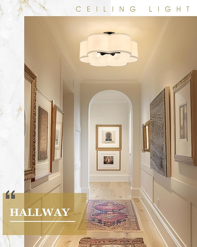 Black Semi Flush Mount Ceiling Lights, 6-Light 18Inch Ceiling Light Fixtures with Fabric Drum Shade in Flower Shape for Nursery Bedroom Kitchen, AD-22007-6SF-BK