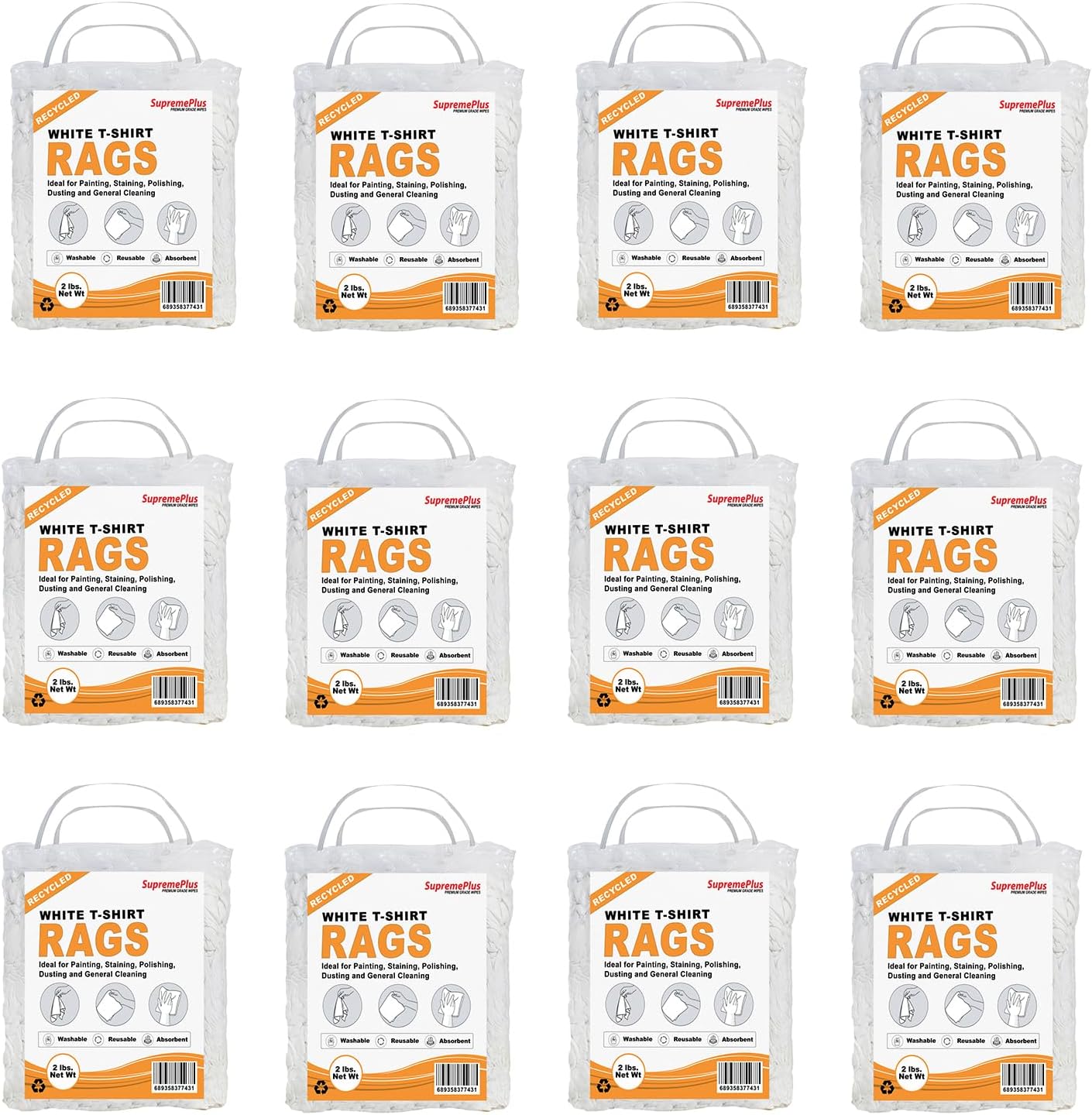 Recycled White T-Shirt Cleaning Rags (2 lbs. Bag - Pack of 12) – Shop Rags Bulk for Oil, Stain, Grease, Paint, and Auto Cleaning, Multipurpose