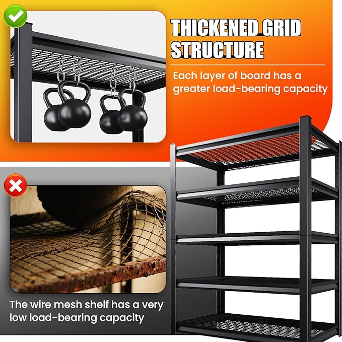 Large Garage Shelving, 5-Tier Garage Storage Shelves 3000LBS Heavy Duty Shelving Unit, Adjustable Steel Metal Shelving, Wire Shelves for Garag, Utility Rack Shelf for Basement, 81 ”H×46”W×19.7”D