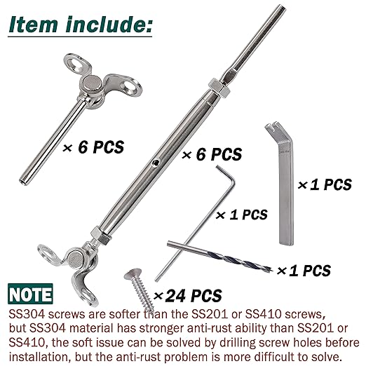 T316-Stainless Steel Adjustable Angle 1/8" Cable Railing Kit/Hardware for Wood Post，Marine Grade (6 Pack)