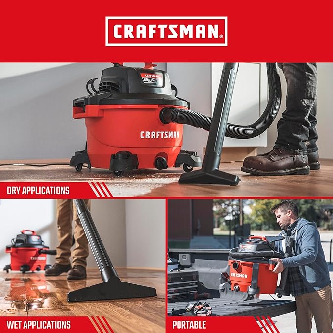 CRAFTSMAN CMXEVBE17594 12 Gallon 6.0 Peak HP Wet Dry Vac, Portable Shop Vacuum Wet and Dry with Filter, 3 Dust Bags, Muffler/Diffuser, Hose and Attachments for Home Projects & Renovations