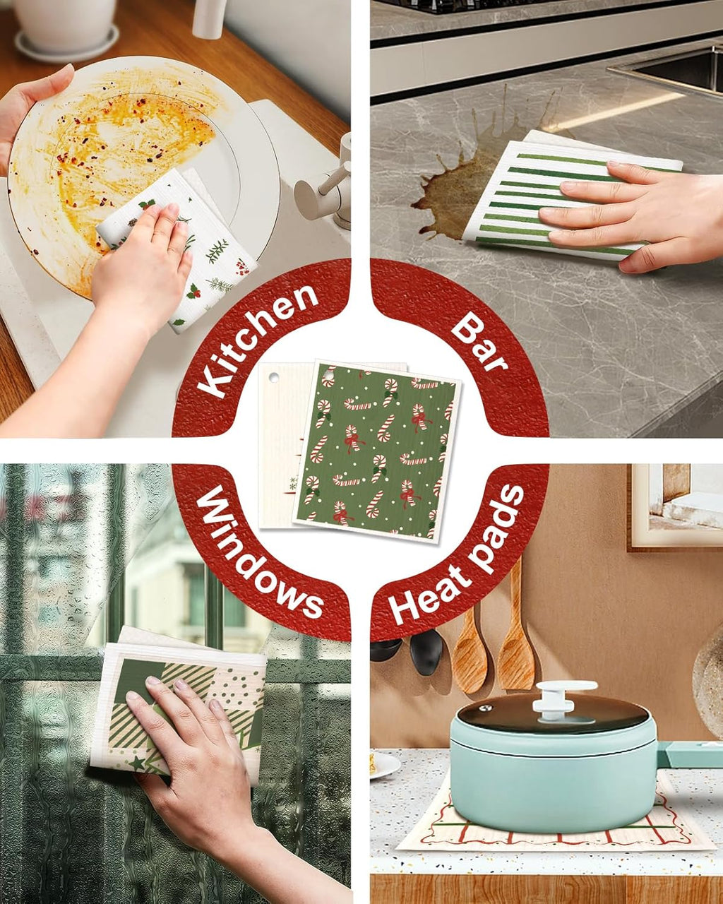 6 Pack Christmas Swedish Dishcloths for Kitchen - Reusable Dish Cloths for Washing Dishes Absorbent Cute Holiday Kitchen Towels Cleaning Sponge, Green Xmas Theme