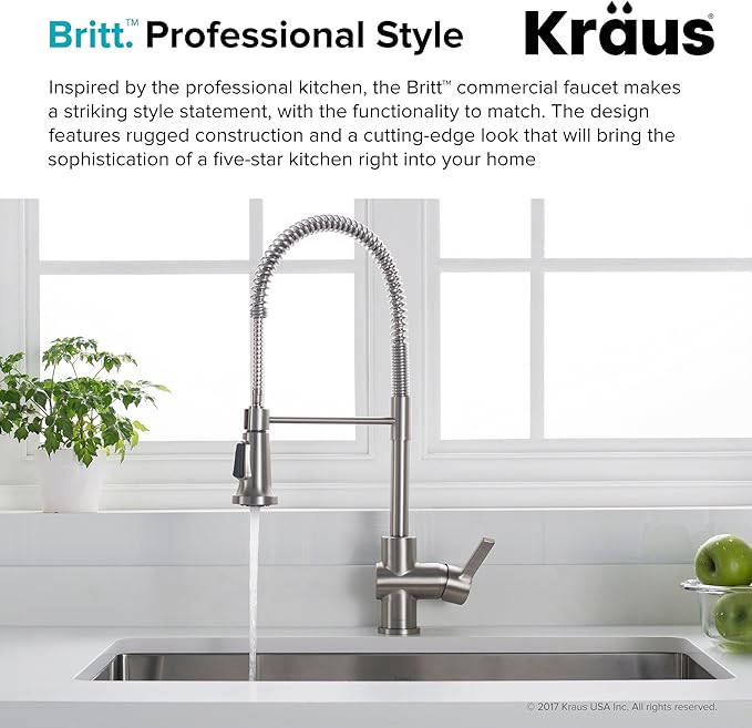 KRAUS Britt Commercial Style Spot Free Stainless Steel Pre-Rinse Kitchen Faucet with Deck Plate and Soap Dispenser, KPF-1690SFS-KSD-31SFS