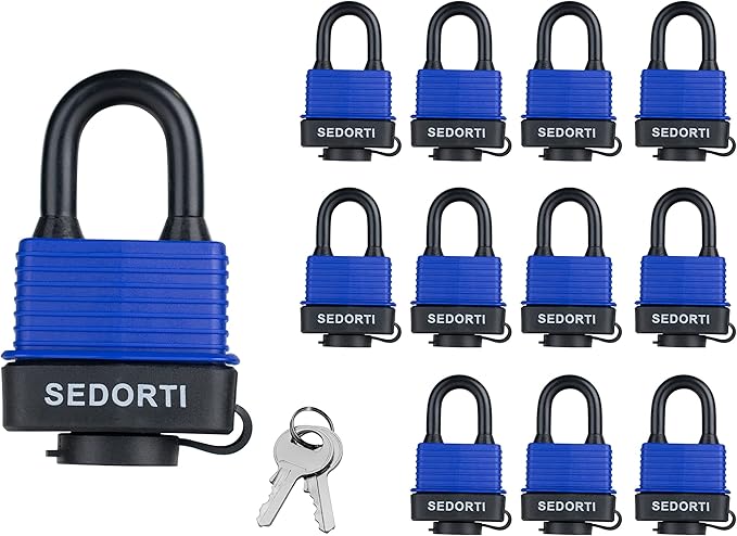 Colored Waterproof Padlocks, Heavy Duty Laminated Steel Lock with Blue Plastic Covered, Keyed Alike Outdoor Locks, Can Be Used as Lockout Tagout Lock, Pack of 12
