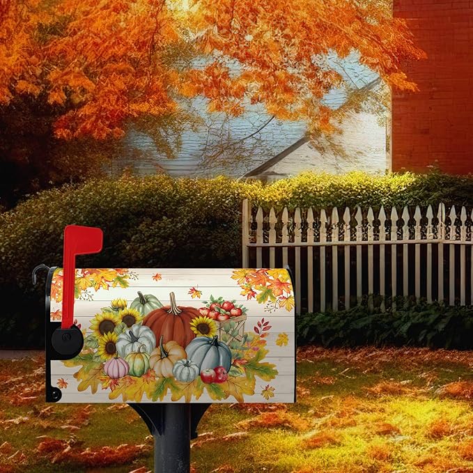 Fall Harvest Pumpkin Mailbox Covers Autumn Thanksgiving Magnetic Mailbox Cover Standard Size 21x18 Inches Farmhouse Fall Letter Post Mail Box Wraps for Garden Yard Outdoor Decor