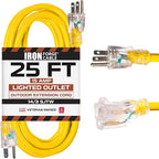 Iron Forge Cable Weatherproof 25 Ft Outdoor Extension Cord - 14/3 SJTW 15 Amp Heavy Duty Yellow Extension Cord 3 Prong - Lighted End