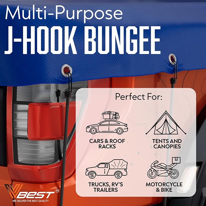 Black Bungee Cords with Hooks - 6 Piece Heavy Duty Long Bungie Cords for Outdoor Use, UV & Weather Resistant - Assorted Sizes Set Includes (2x48, 2x60, 2x72)