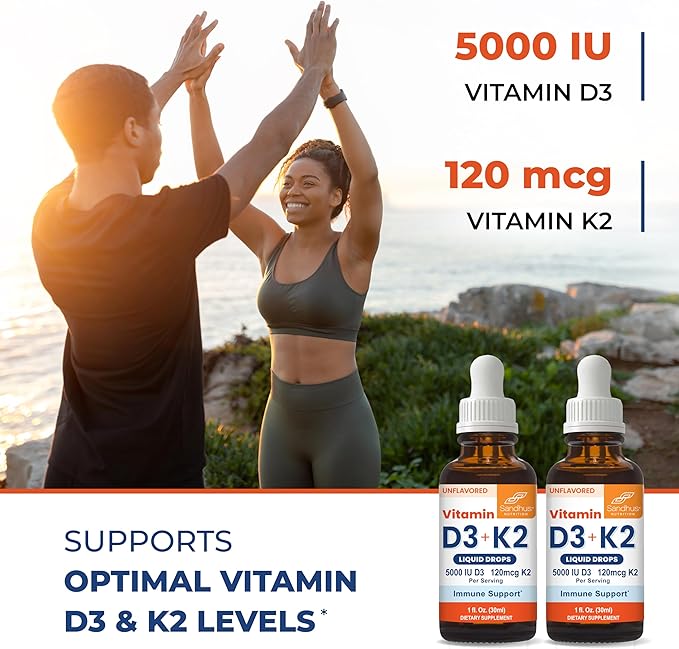 Sandhu's Vitamin D3 K2 Drops for Adults | 5000 IU D3 Liquid, 120mcg K2 Supplement 1 Fl Oz (Pack of 2) | D3K2 Supports Superior Absorption, Energy, Immune, Muscle Health for Men & Women